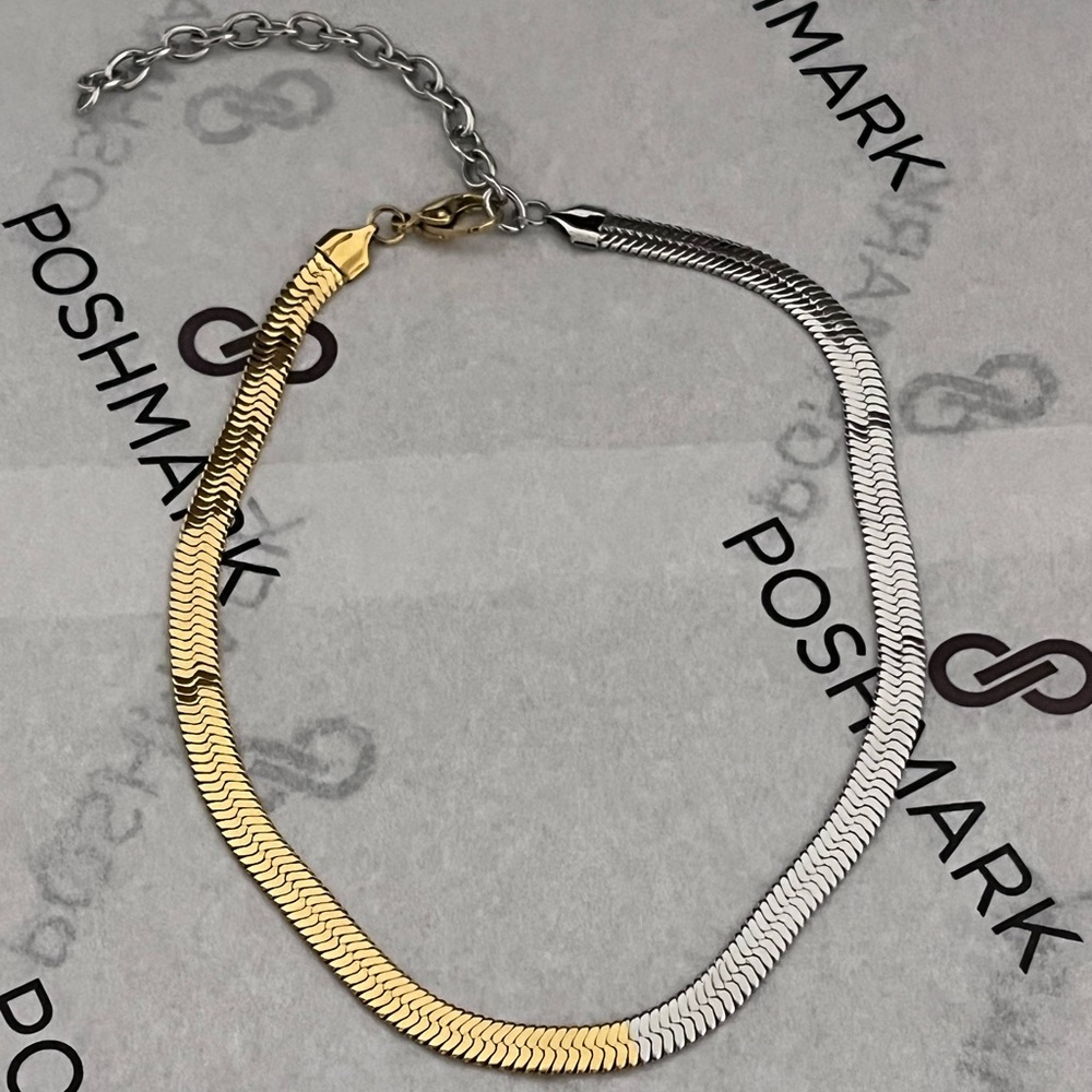 Adornia NWT AUTHENTIC 14K Gold-Plated & White Rhodium Herringbone Necklace. - Picture 4 of 15